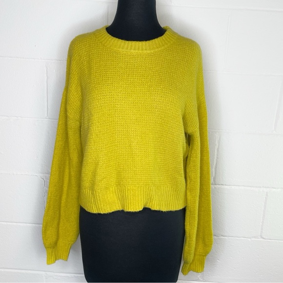 Anthropologie Saturday Sunday Chartreuse Crewneck Waffle Knit Sweater - Picture 1 of 9